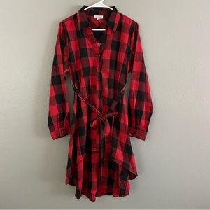 Andree by Unit Size M Red Black Buffalo Plaid Button Up Shirt Dress Hi Low NWT